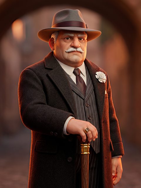 Papa, Lorenzo Rinaldi: a heavyset boss in a pinstripe suit and fedora.