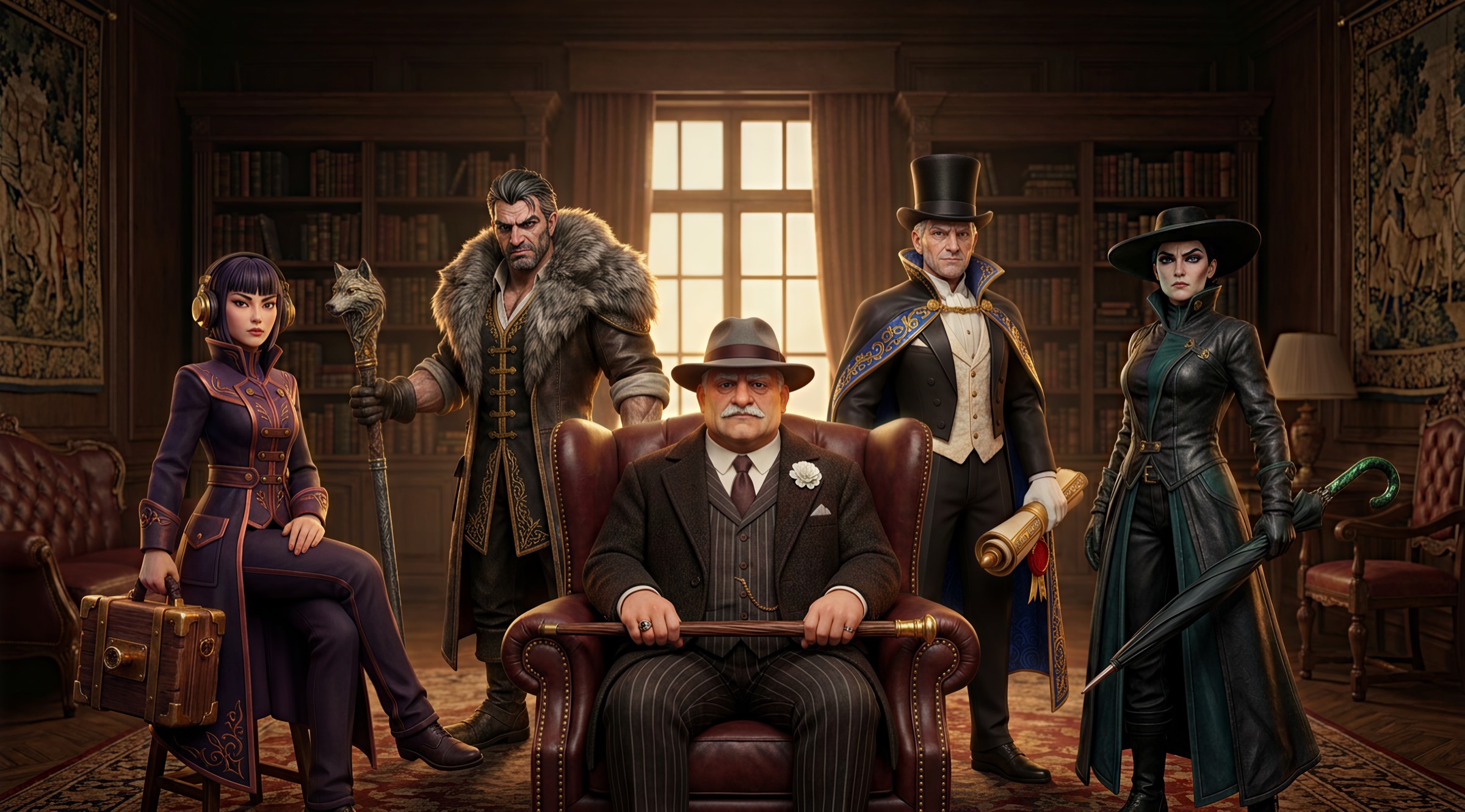 The Mafia Legacy family in a wood-paneled library: Papa seated at the center, flanked by the Spider, the Wolf, the Count and the Scorpion.