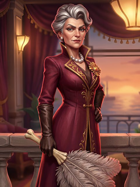 Madame, Céline Dubois: a silver-haired lady in a burgundy coat holding a feather fan.