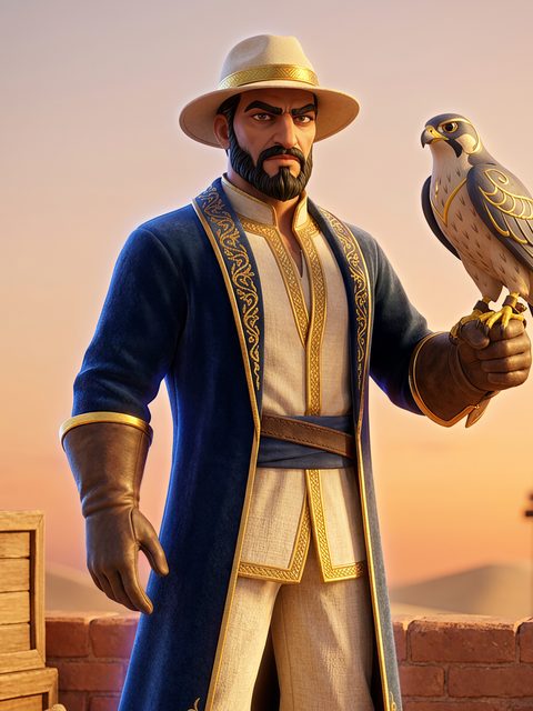 Falcon, Tariq Al-Mansour: a bearded man in a blue embroidered coat with a falcon on his glove.